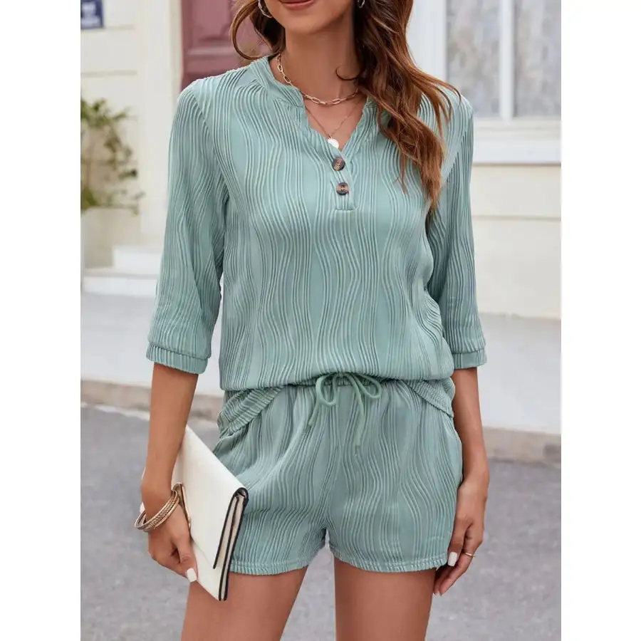 Textured Notched Top and Drawstring Shorts Set