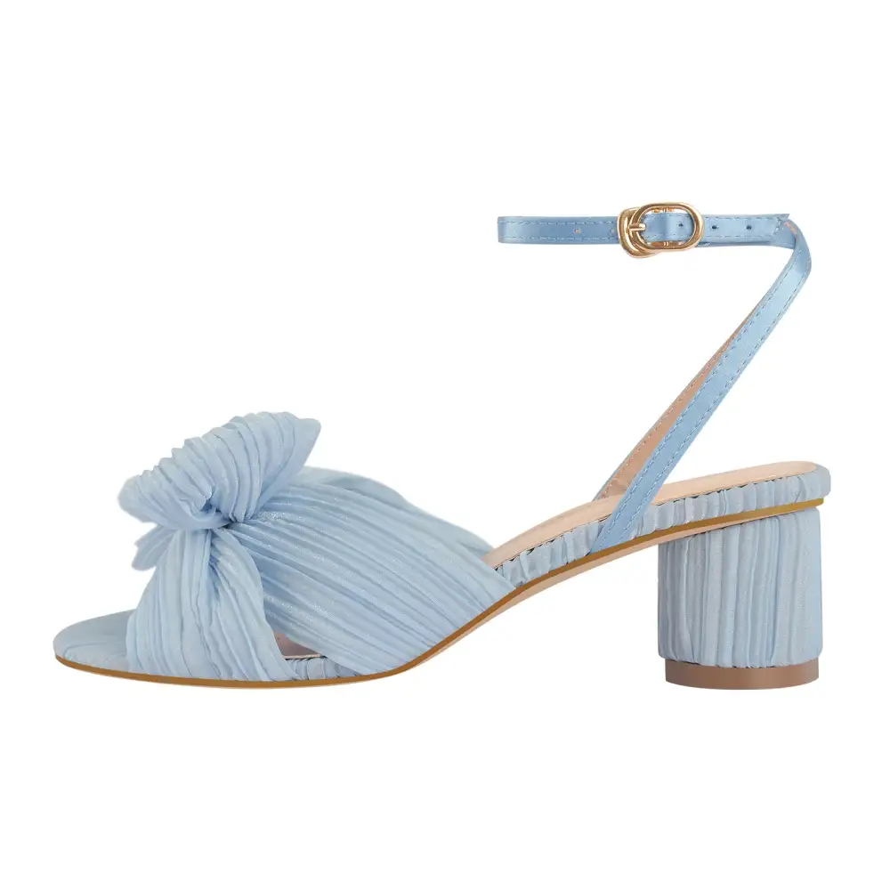 Pleated Bow Mid Chunky Heel Sandals