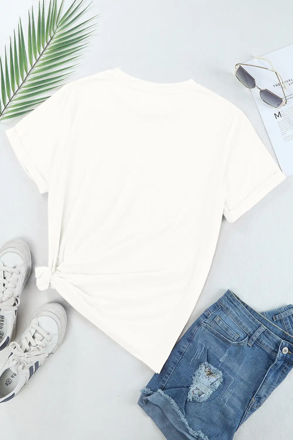White Casual Plain Crew Neck