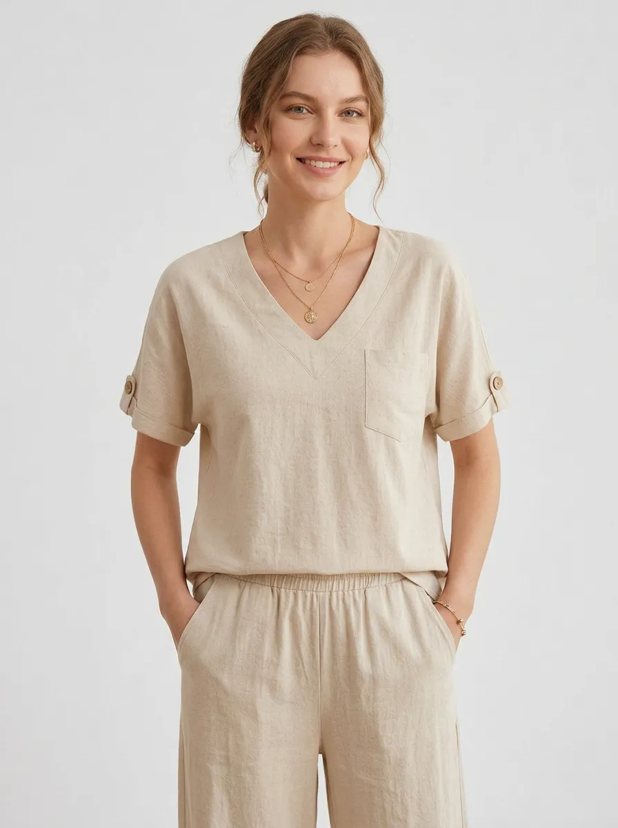 Easy-Wear Short-Sleeve Button-Front Women's V-Neck Shirt