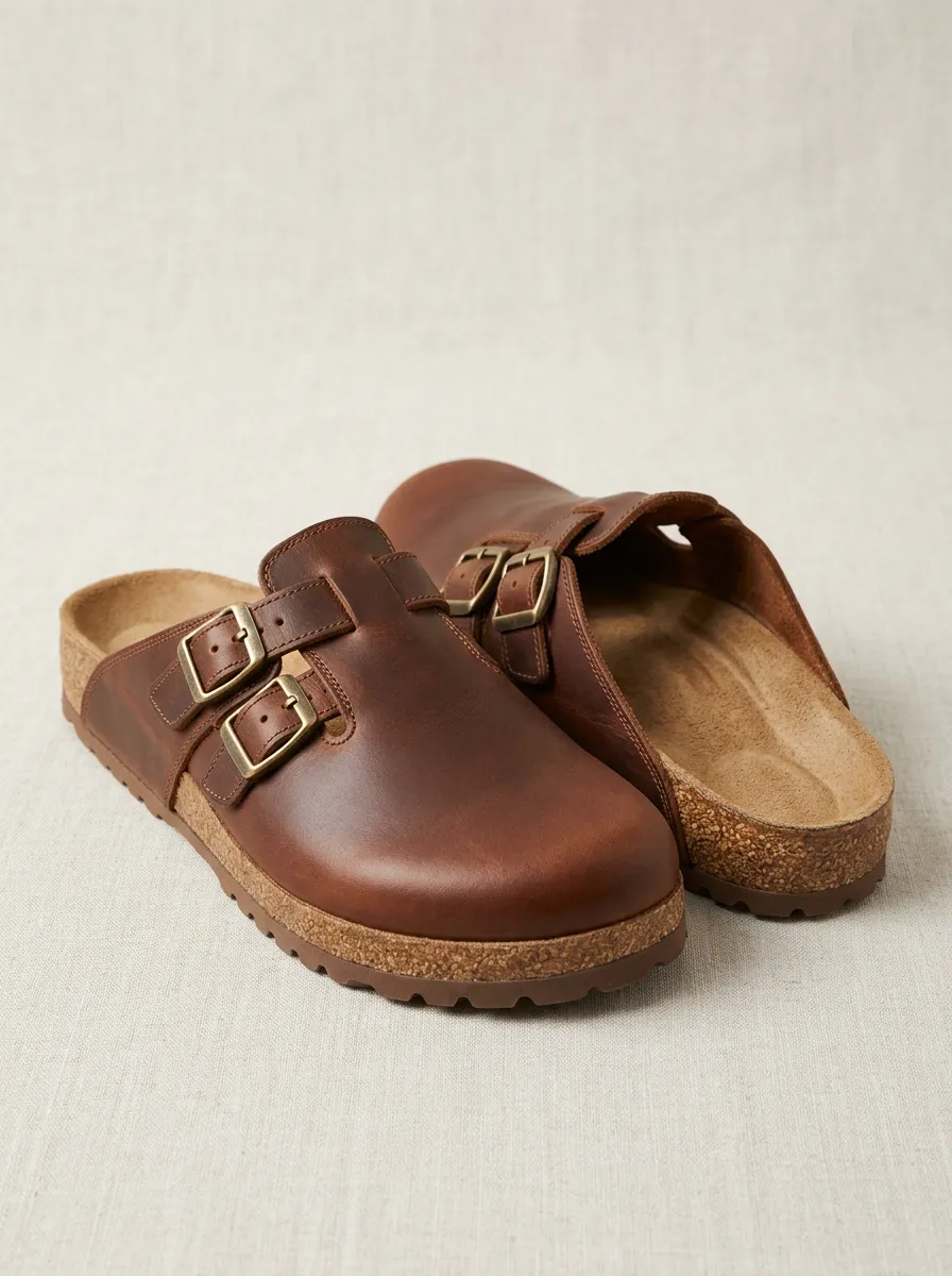 Unisex Brown Leather Double Buckle Cork Footbed Clogs