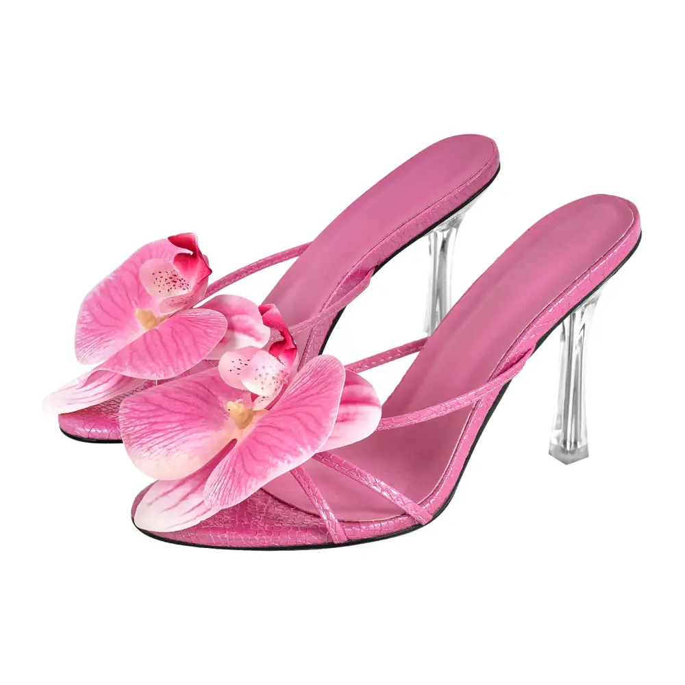 Flower Round Toe Clear Heel Thong Mule Sandals