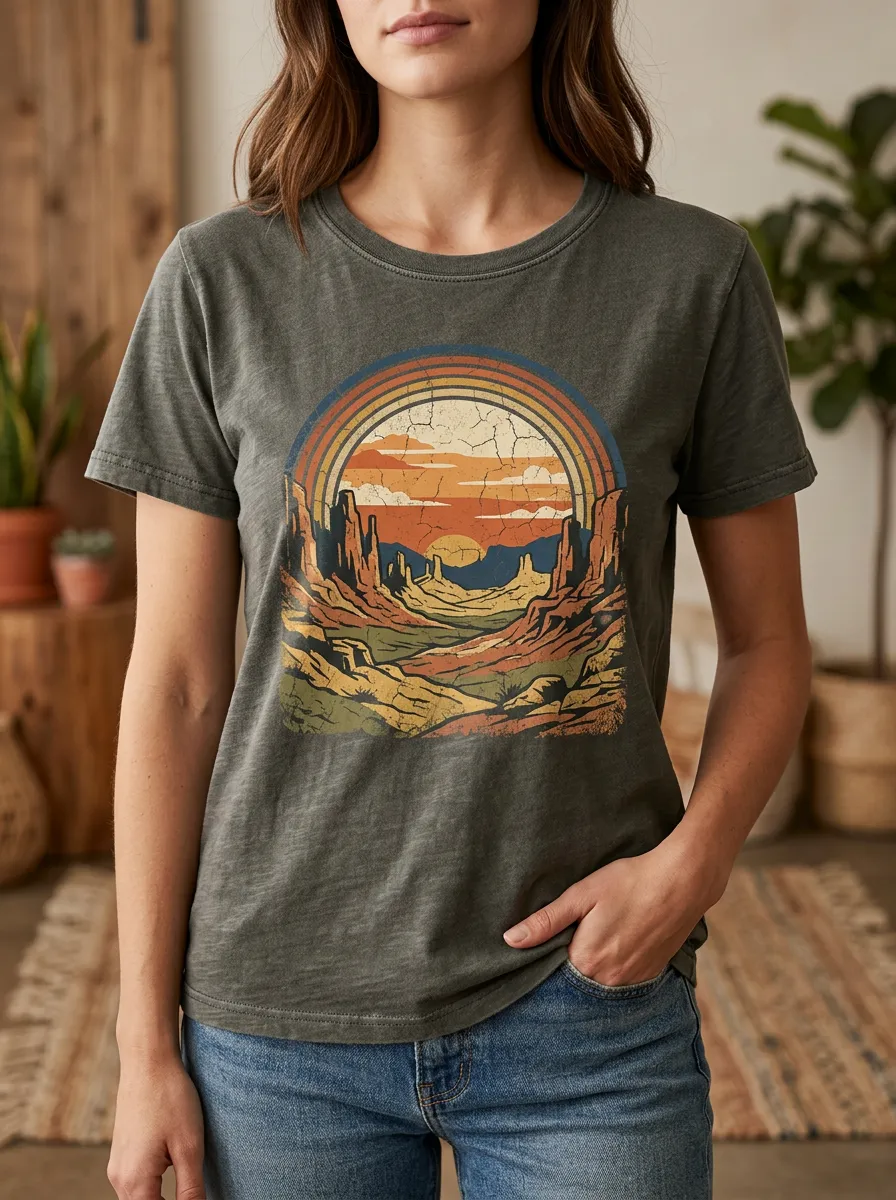 Women's Landscape Retro Desert Landscape Sunset Crew Neck T-Shirt