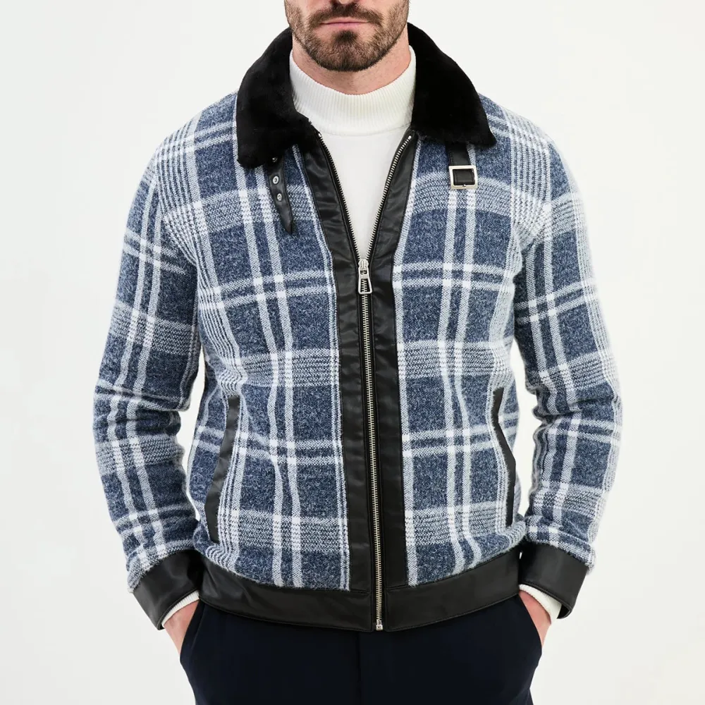 Modern Slim Fit Zip Front Plaid Wool Tailored Coat