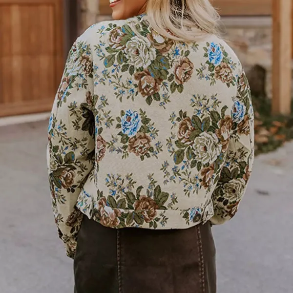 Floral Print Zip Up Contrast Collared Jacket