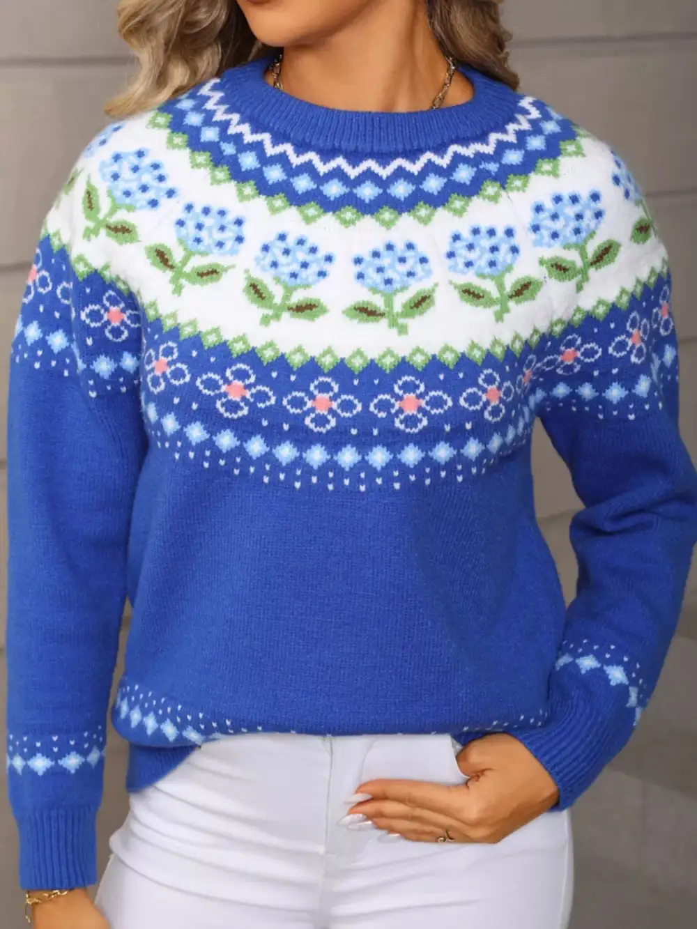 Floral Pattern Crew Neck Sweater