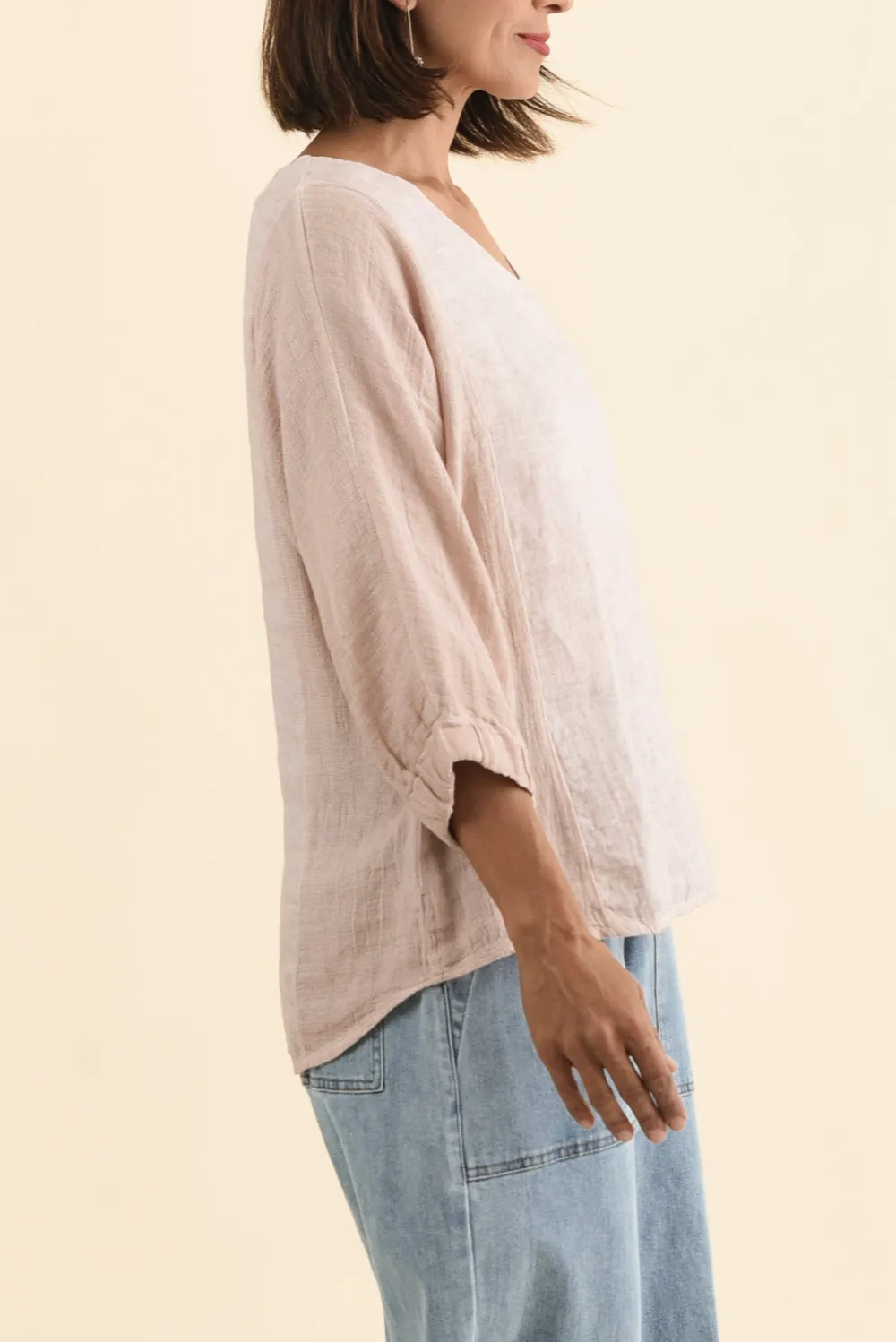 Linen Cotton Blend Contrast Trim V-Neck Top