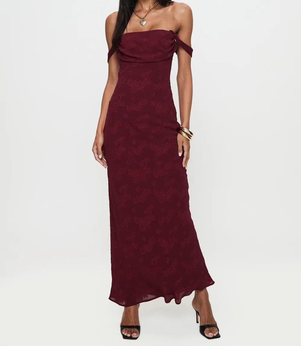 Burgundy Off-Shoulder Ruched Floral Maxi Dress