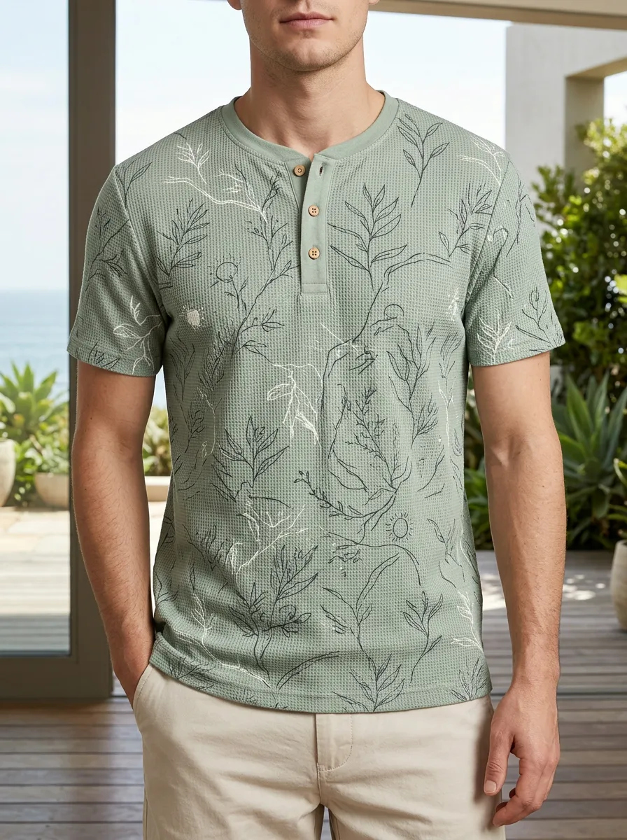 Men's Botanical Nature Lover Floral Line Art Printed Henley T-Shirt