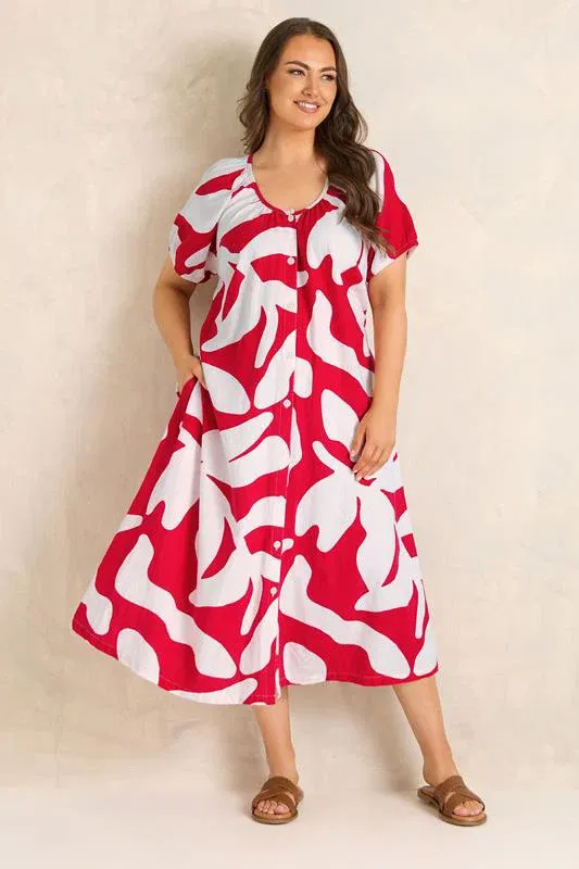 Red Premium Linen Abstract Print Maxi Dress