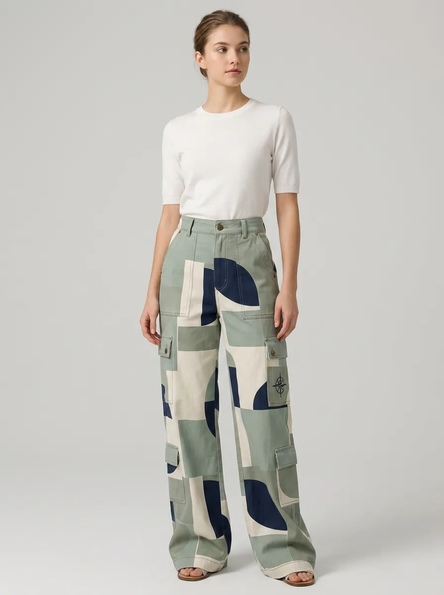 Women's Geometric Abstract Compass Printed Cargo Pants Set