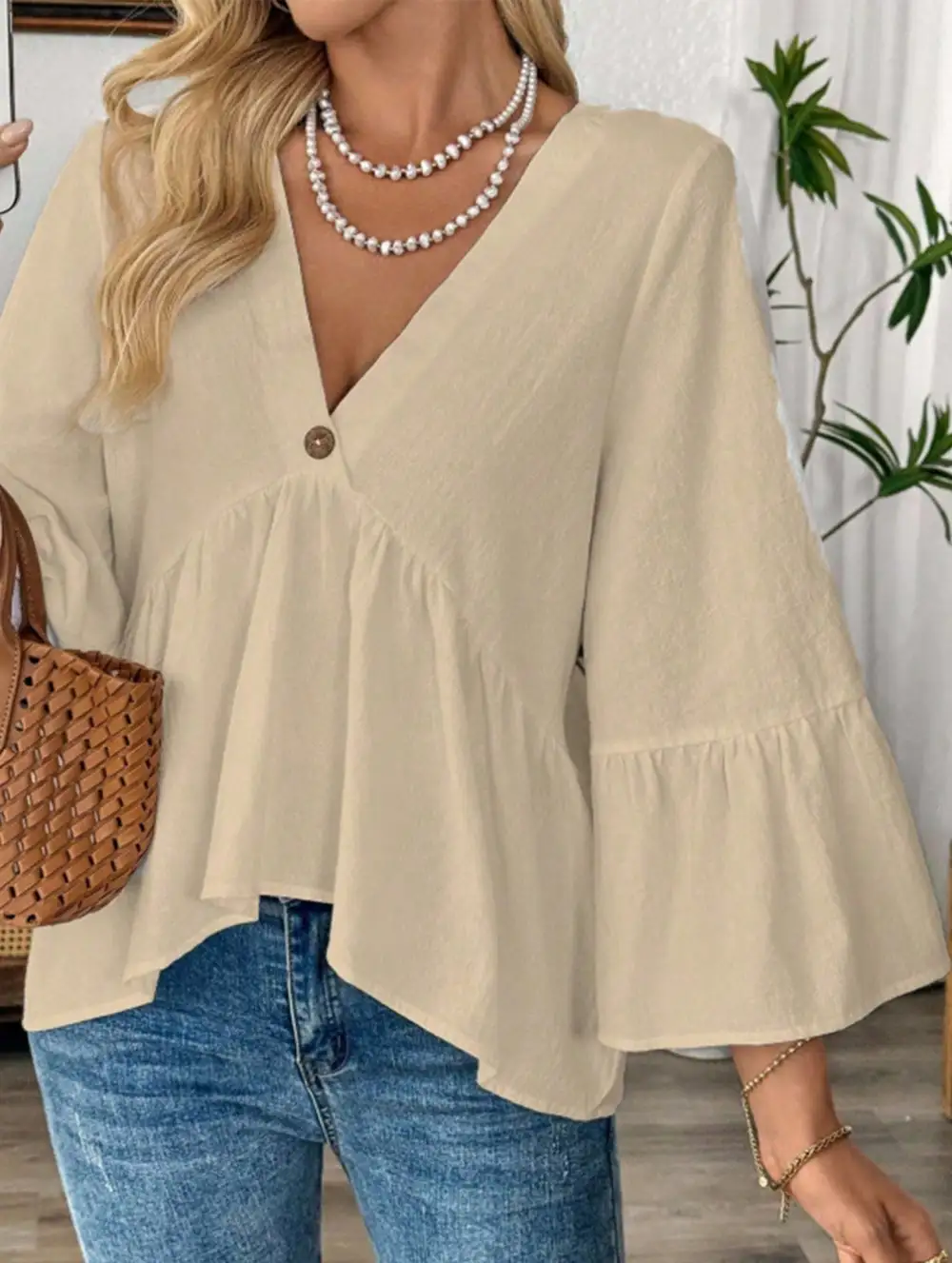 V-Neck Ruffle Sleeve Cotton Top