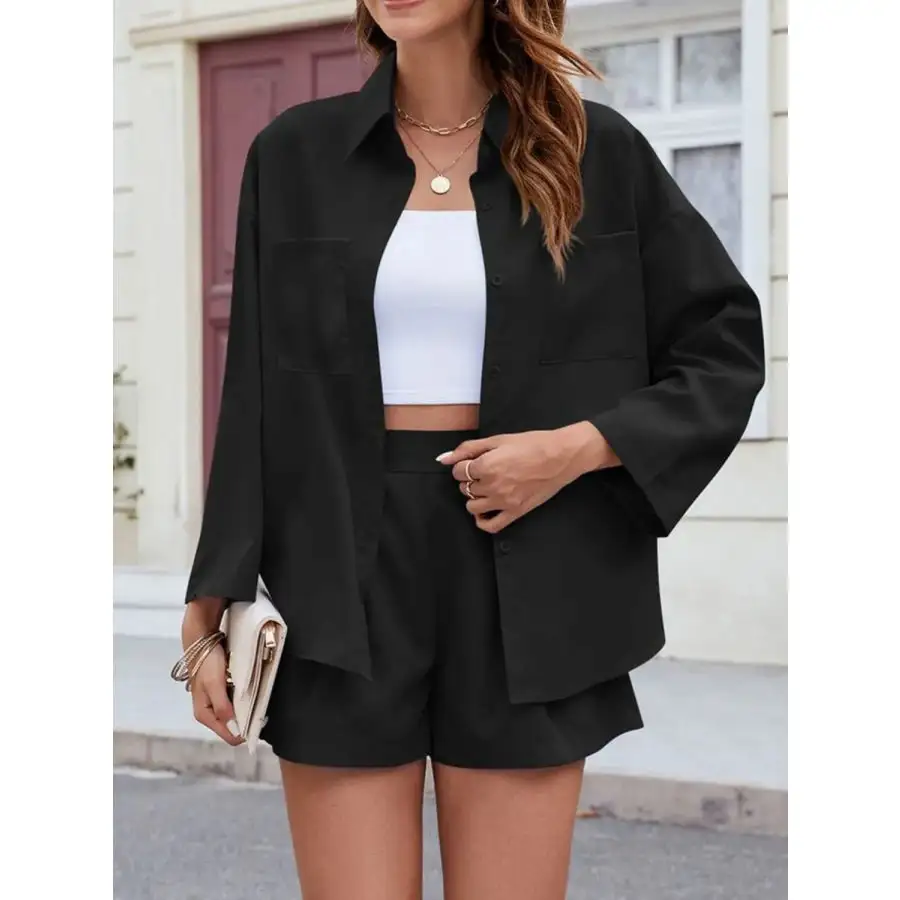Relaxed Button Up Long Sleeve Top and Shorts Set