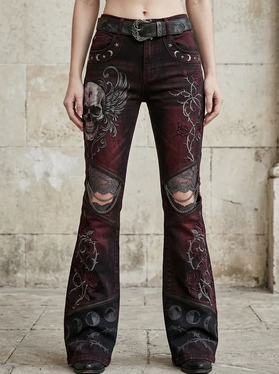 Skull Rose Moon Flare Women's Gothic Flare Pants