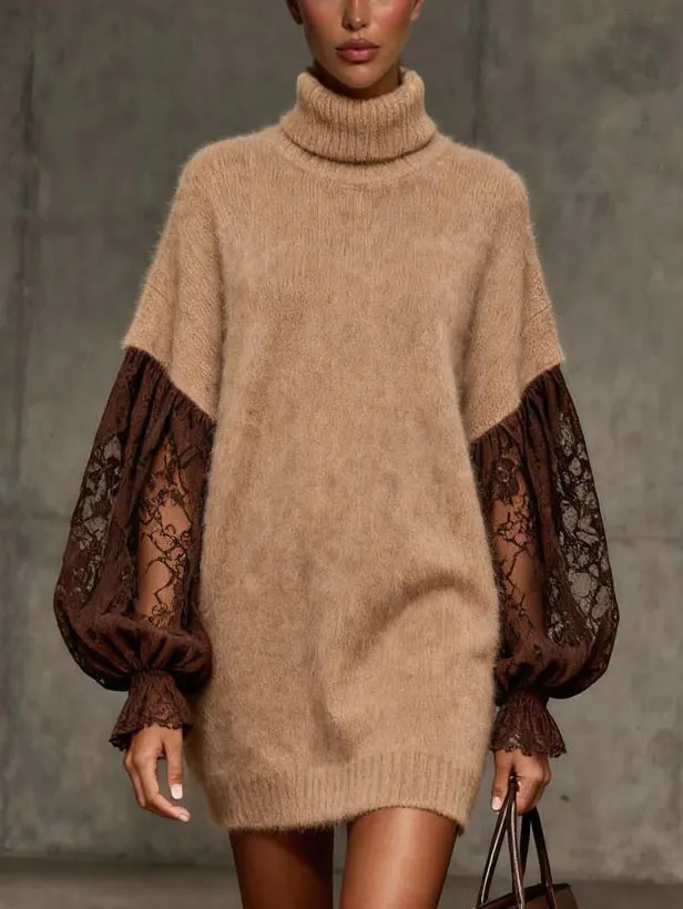 Lace Sleeve Plush Turtleneck Sweater Mini Dress