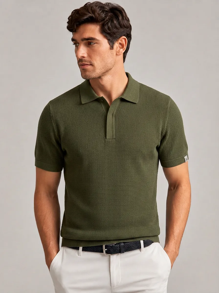 Men's Equestrian Lover Olive Waffle Knit Waffle-Knit Polo Shirt