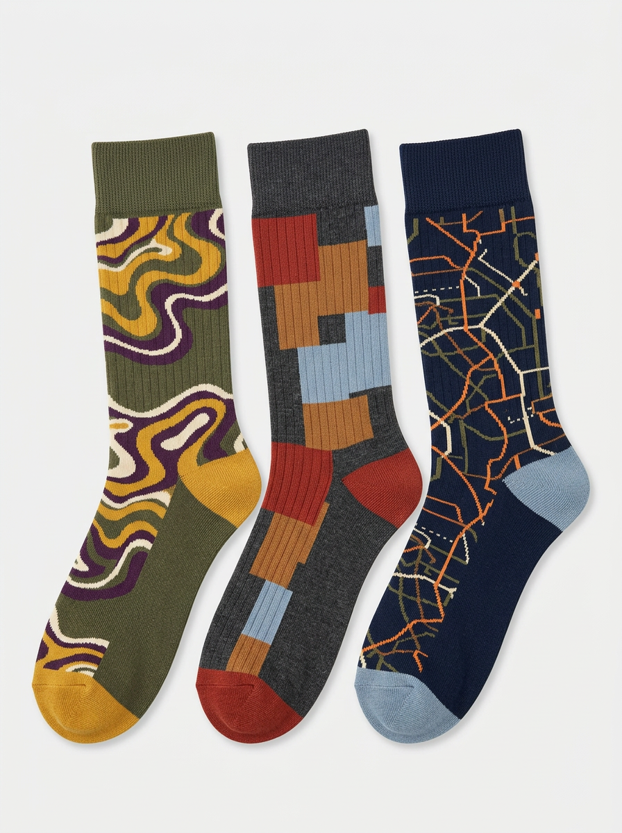 Men's Abstract Geometric Map Pattern Three-Pack Socks