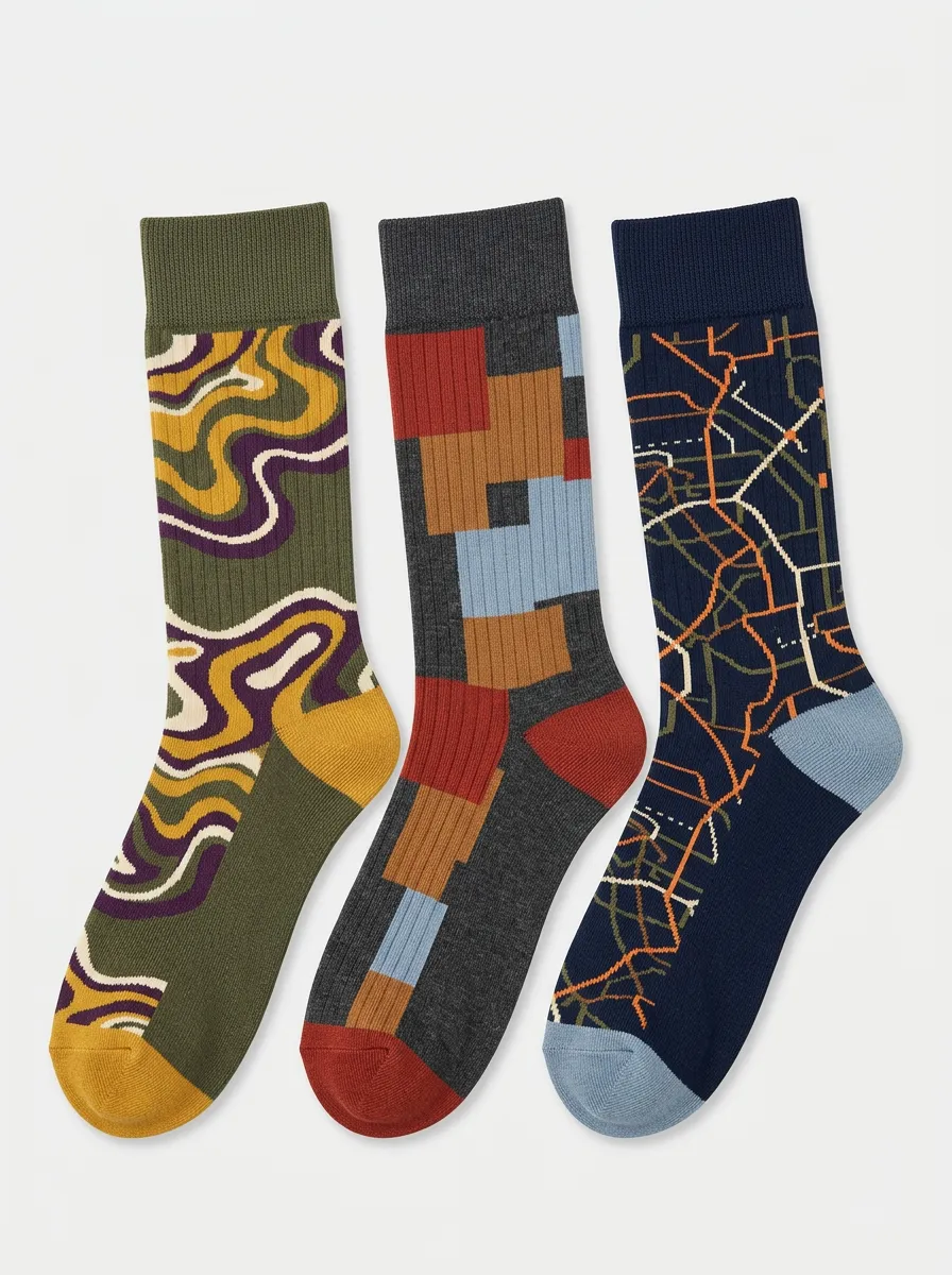 Men's Abstract Geometric Map Pattern Three-Pack Socks