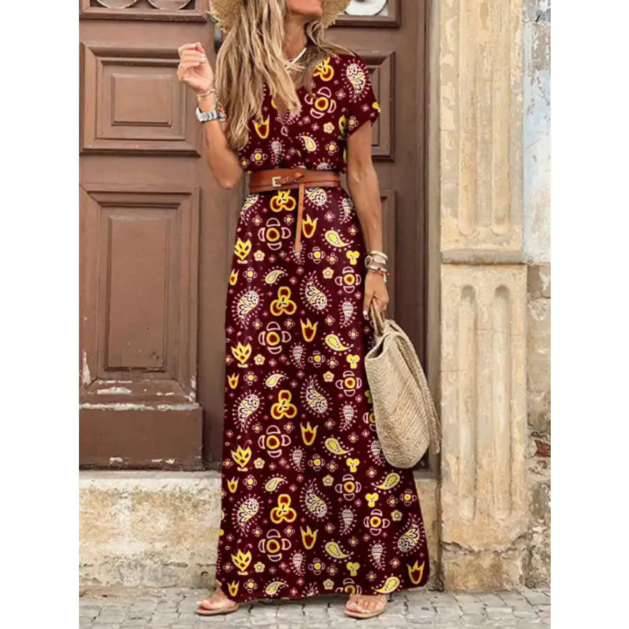 Full Size Printed V Neck Short Sleeve Maxi Dress Plus Size