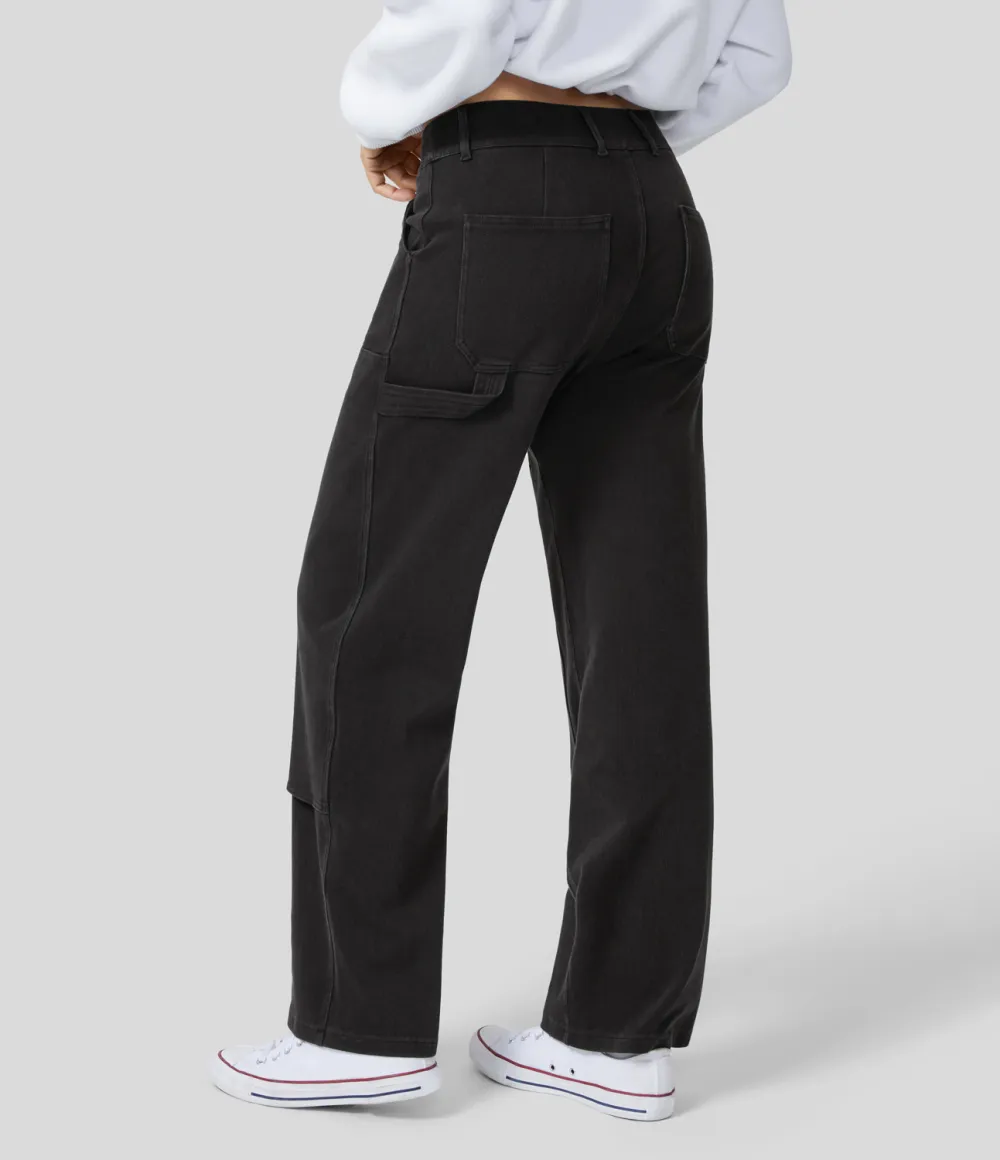 Magic Mid Rise Utility Pockets Straight Leg Stretchy Knit Lumberjack Style Casual Boyfriend Jeans