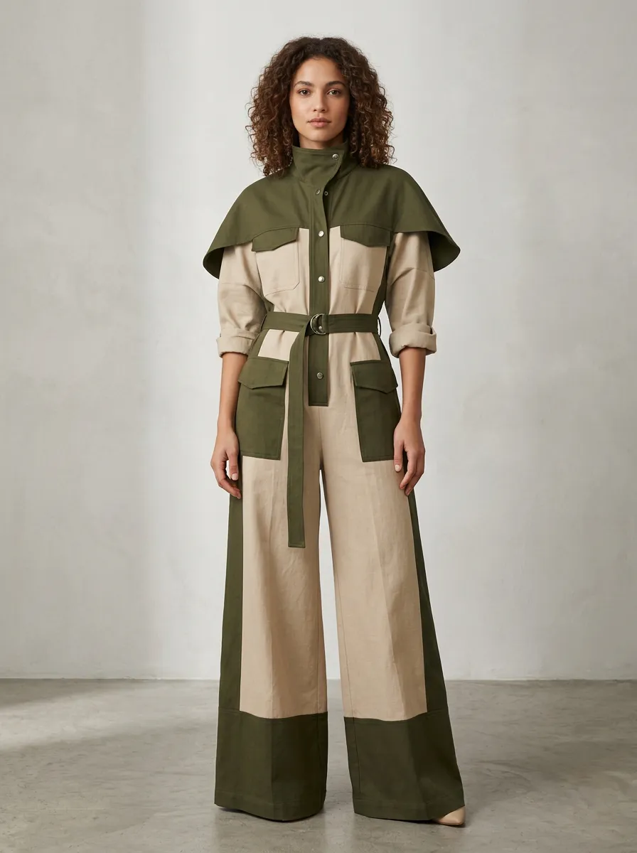 Women's Utility Olive Beige Colorblock Belted Jumpsuit