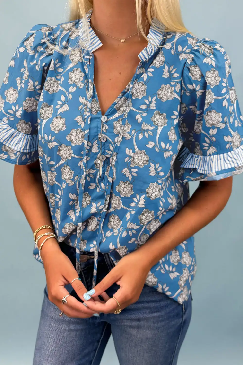 Women's Floral Print Striped Tie Neck Top