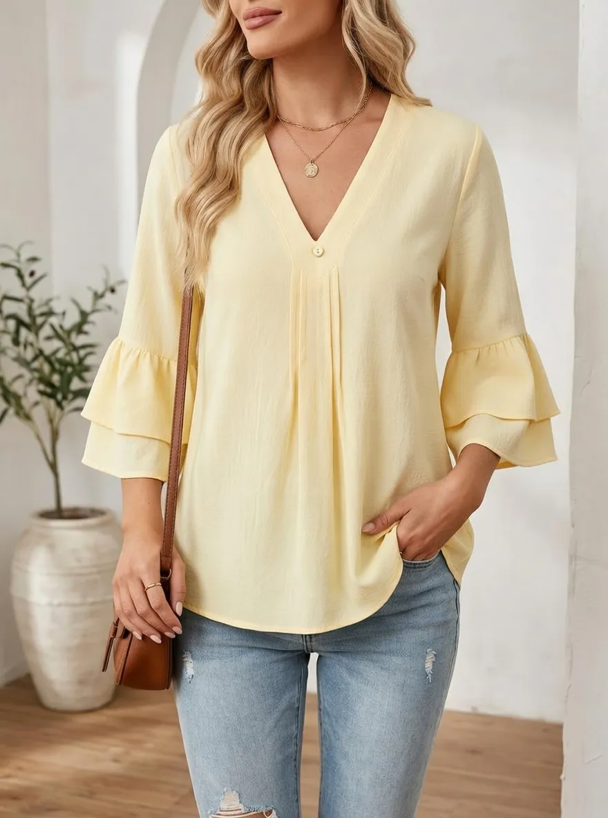 V-Neck Layered Ruffle Sleeve Blouse