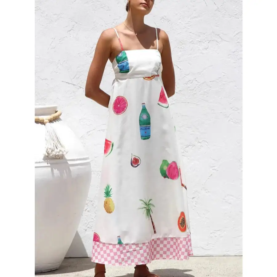 Printed Checkered Hem Cami Midi Dress