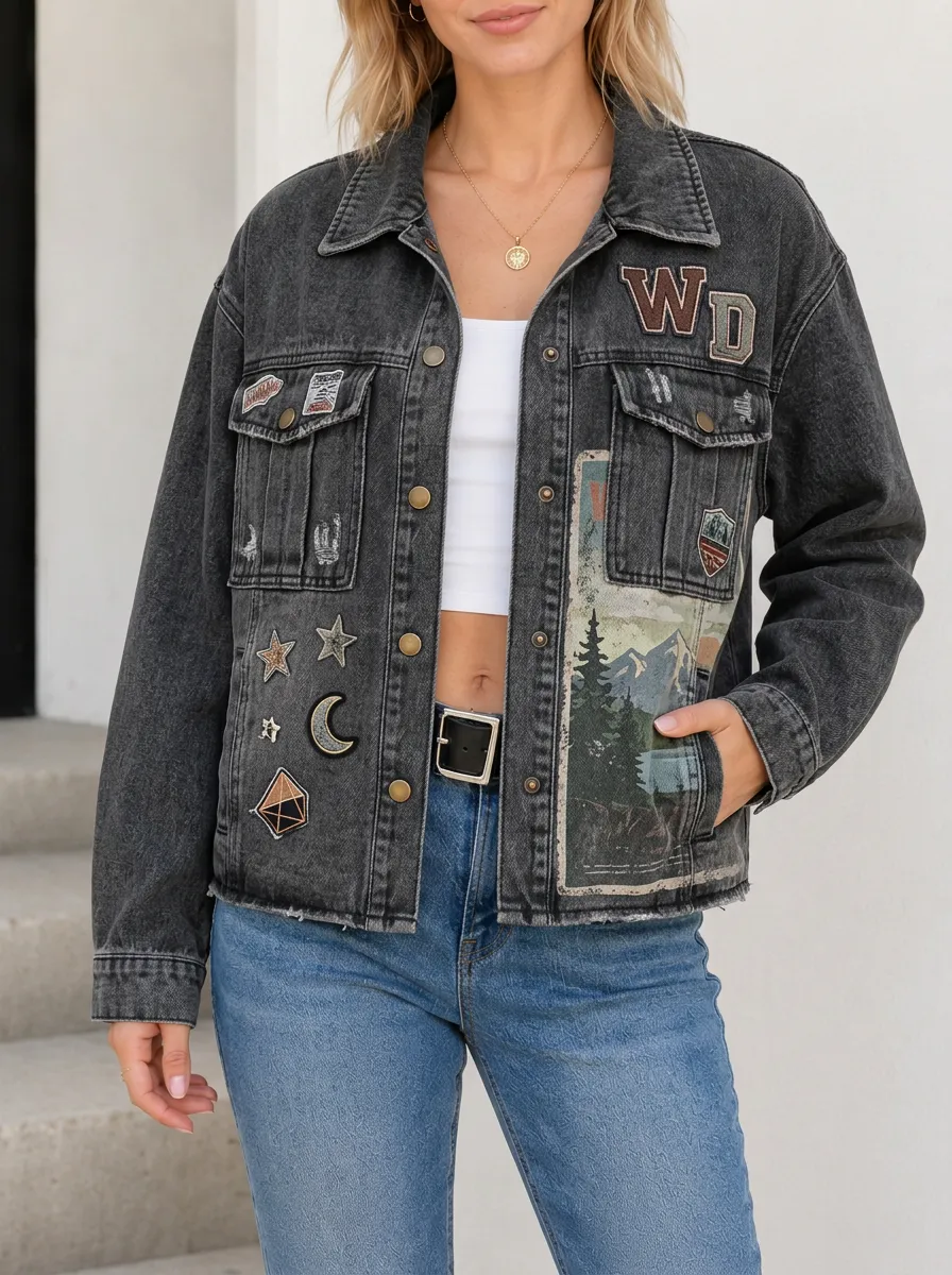 Women's Western Adventure Mountain Patchwork Printed Denim Jacket