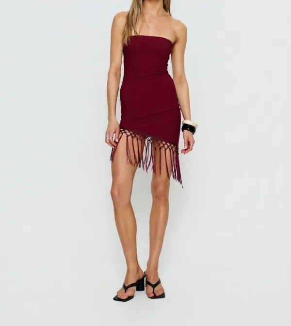 Burgundy Strapless Tassel Mini Dress