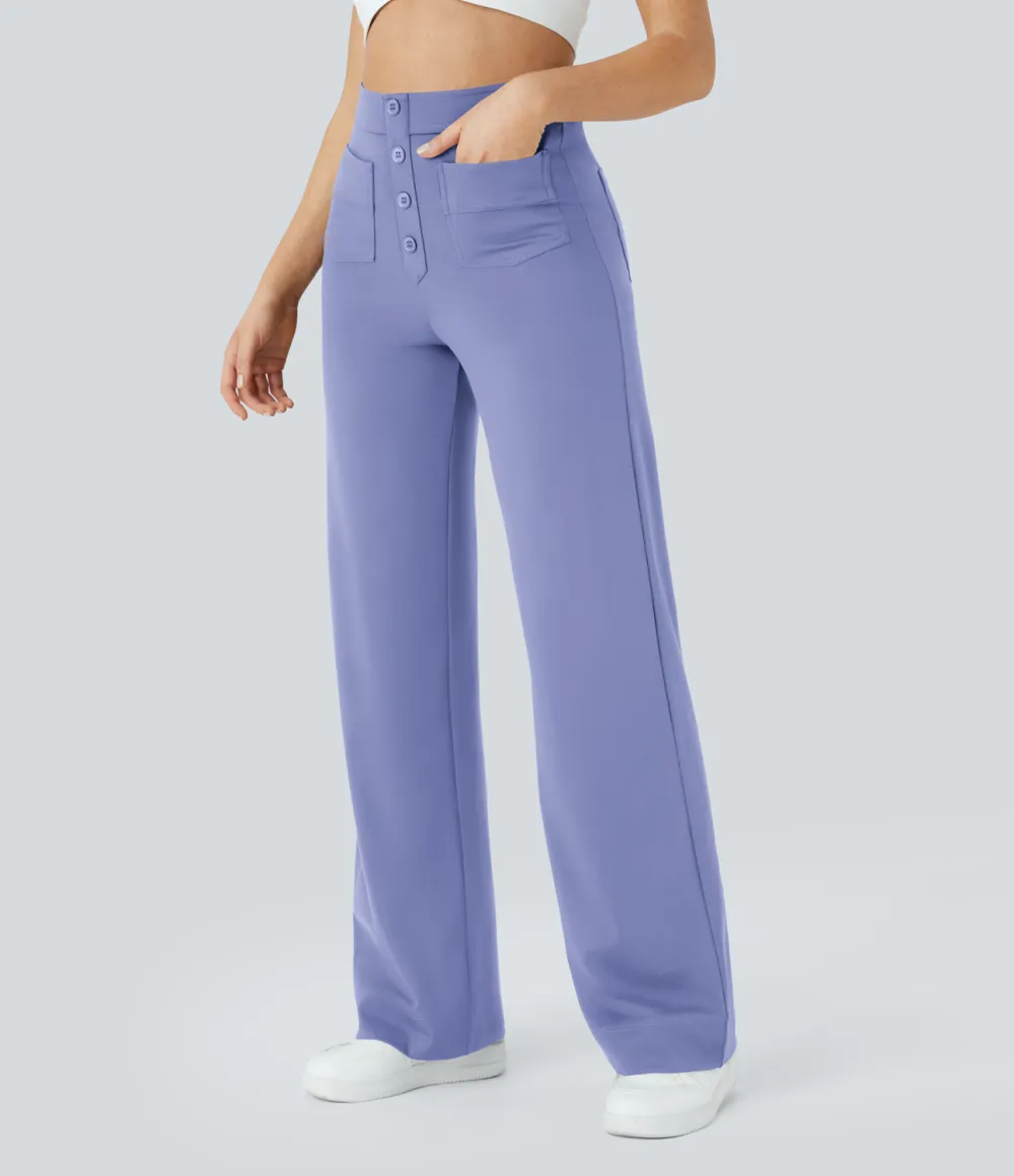 High Waisted Button Multiple Pockets Straight Leg Casual Pants