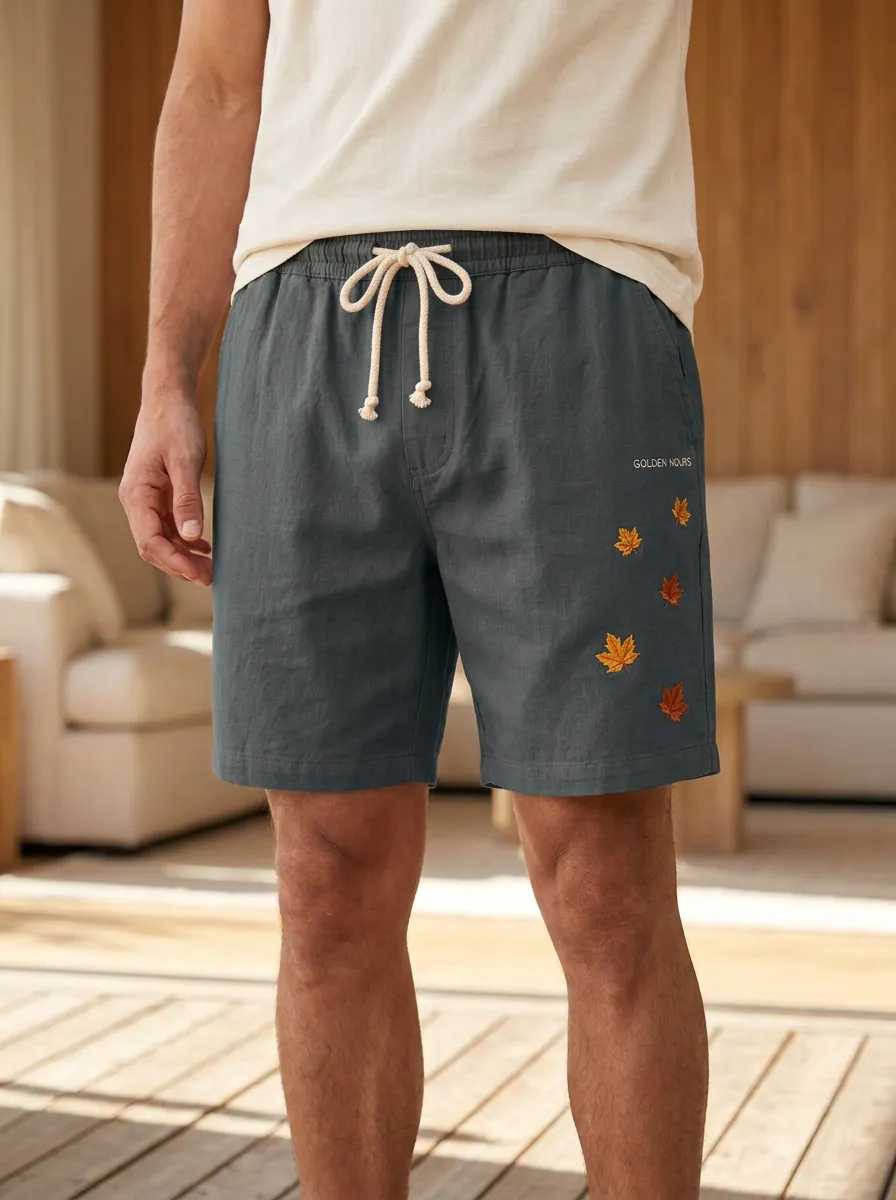 Rust Embroidered Leaf Drawstring Drawstring Shorts