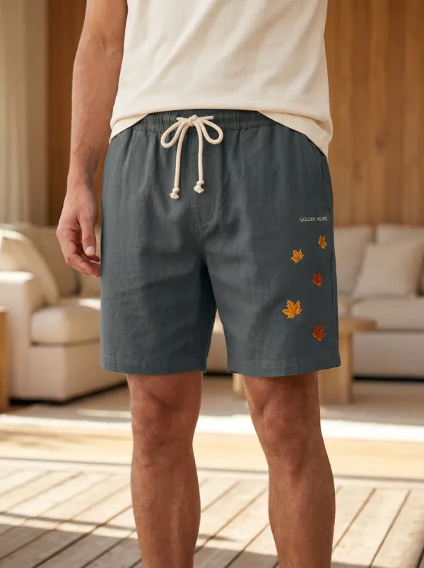 Rust Embroidered Leaf Drawstring Drawstring Shorts