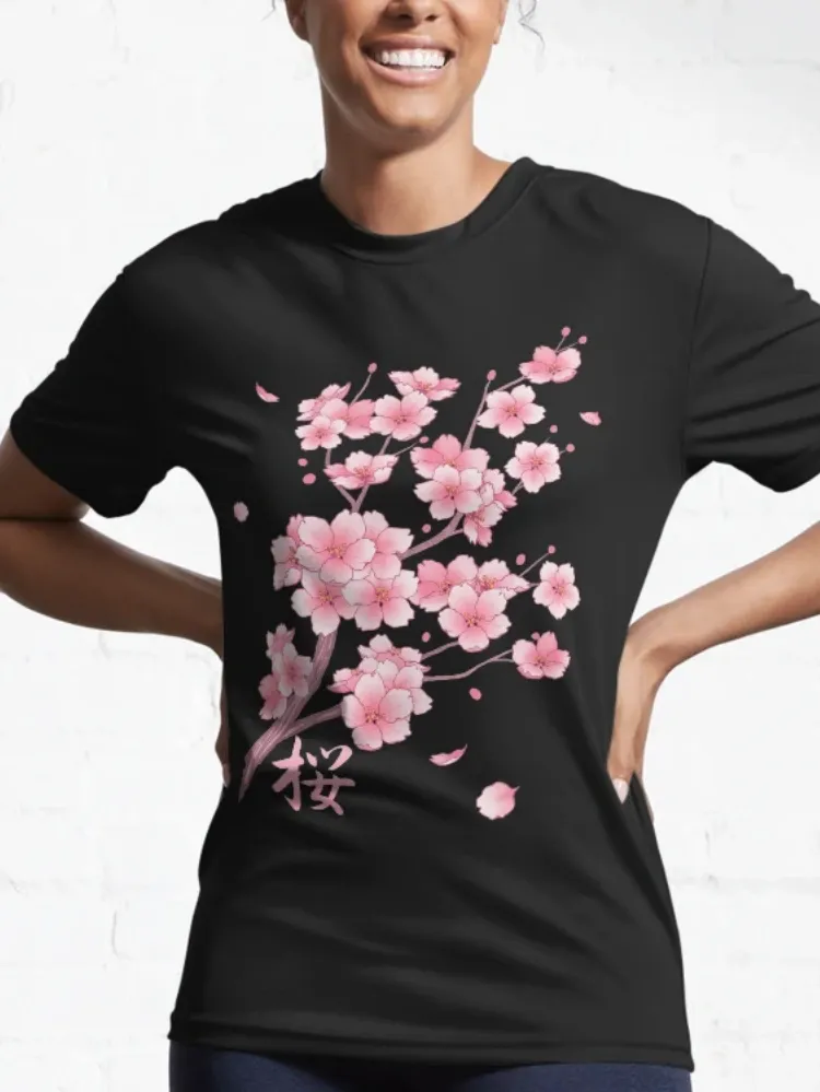 Lady's short-sleeved round-neck T-shirt with cherry blossom print