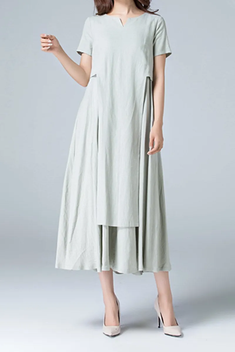 Refined Linen Pleated Short Sleeve Midi Dress