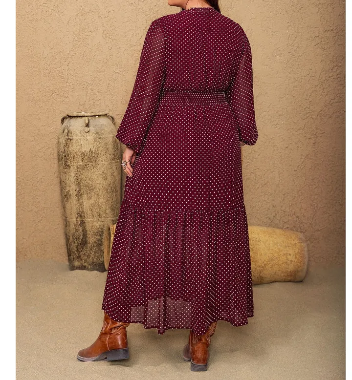 Plus Size Embroidered Polka Dot Tie Neck Long Sleeve Midi Dress