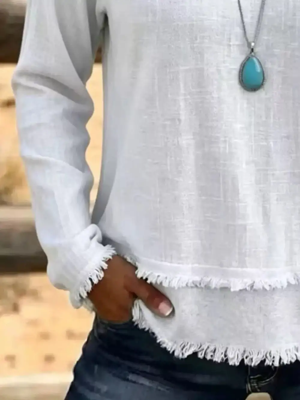 Long Sleeve V-Neck Frayed Hem Blouse