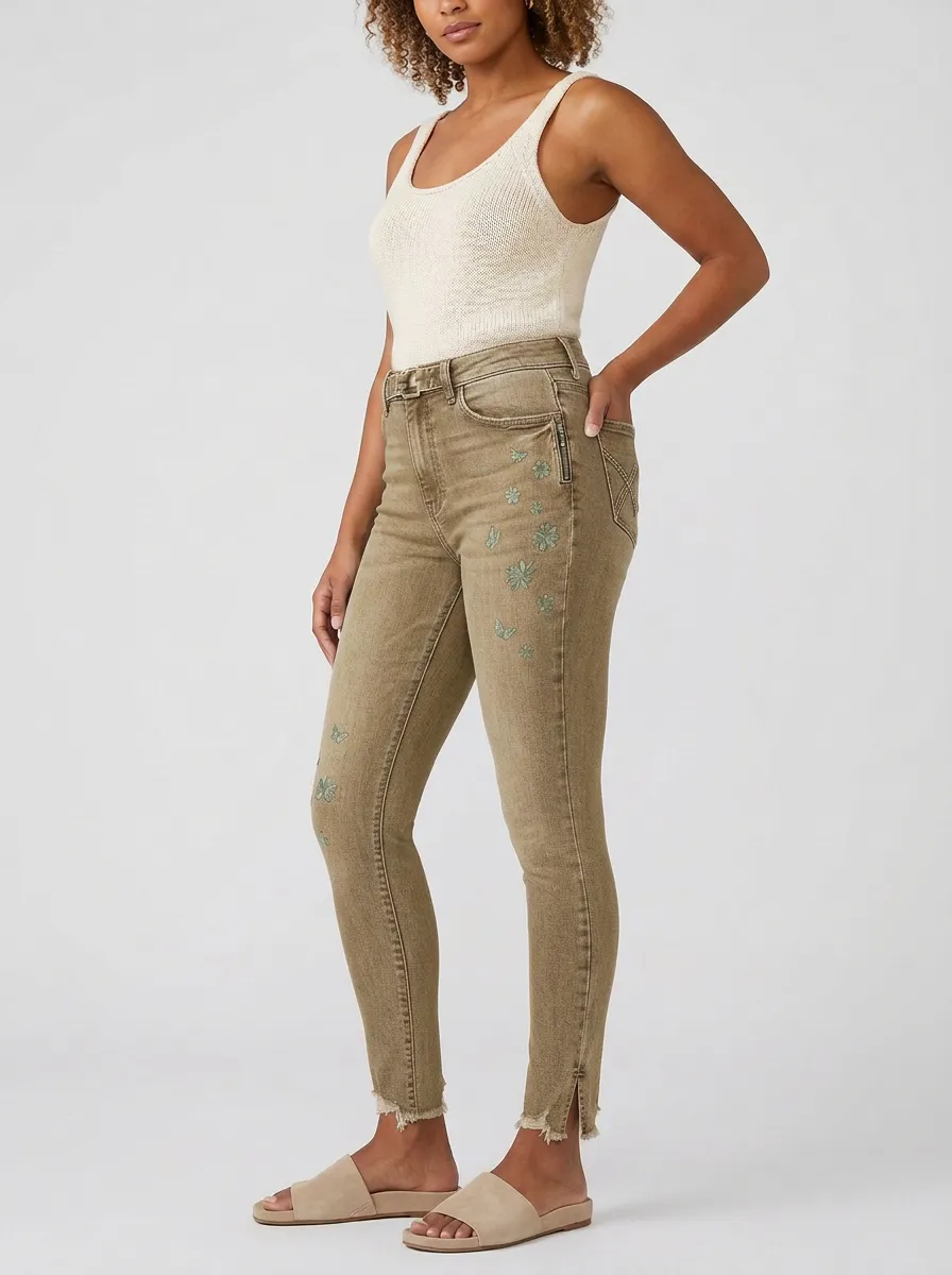 Women's Floral Embroidery Frayed Hem Printed Slim Jeans