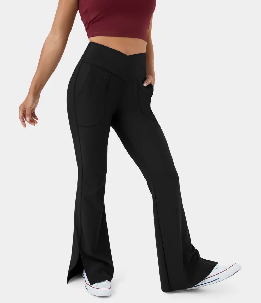 Patitoff Flow Pet Hair Resistant Crossover Pocket Split Hem Yoga Flare Leggings-Smile