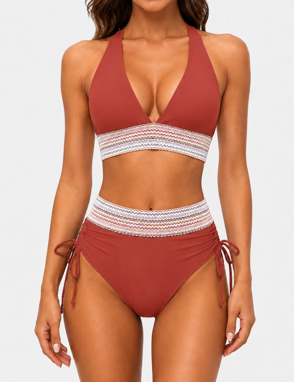 Deep V Neck Colorful Zigzag Smocked Trim Bikini Set