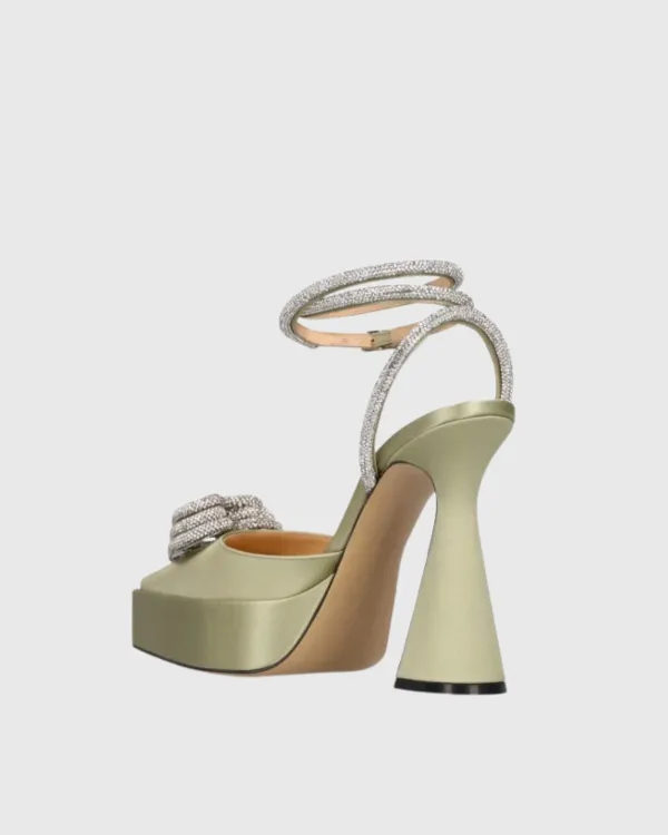 Crystal Heart Strap Platform Flared Heels in Green