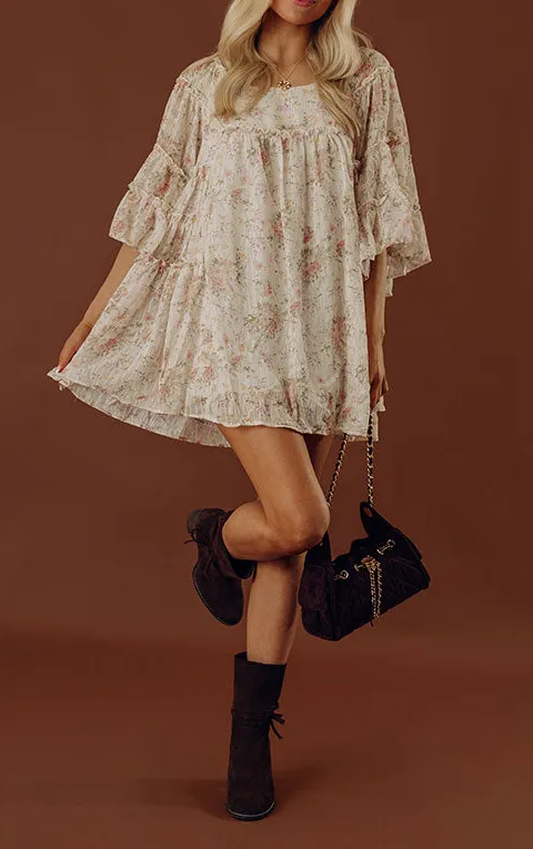 Ruffled Floral Scoop Neck Three-Quarter Sleeve Mini Dress