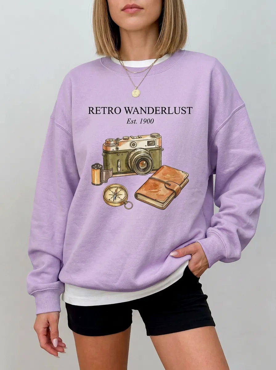 Women's Travel Lover Retro Camera Compass Journal Printed Sweatshirt
