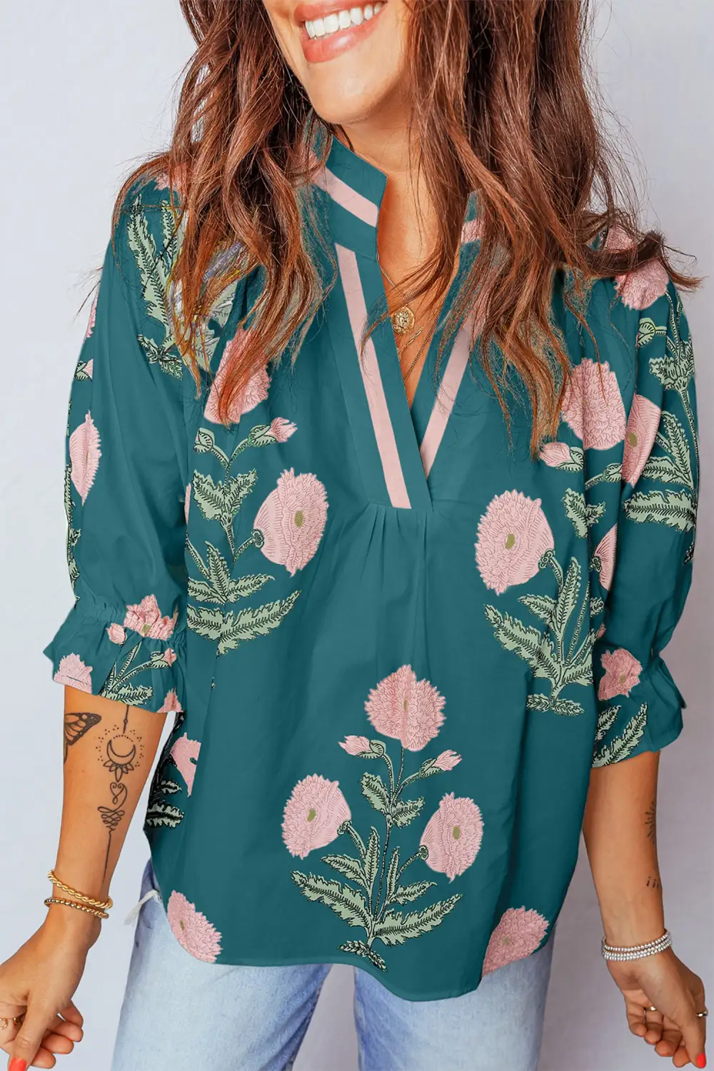 Women's Floral Print Flower Motif V Neck Top