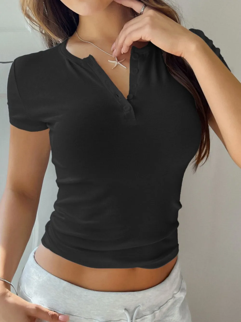 Short-Sleeve Button-Detail T-Shirt