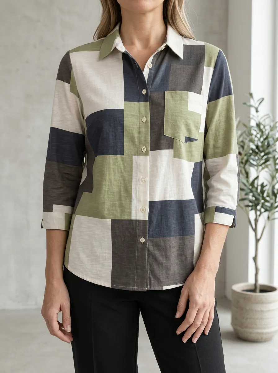 Women's Geometric Patchwork Pattern Printed Shirt