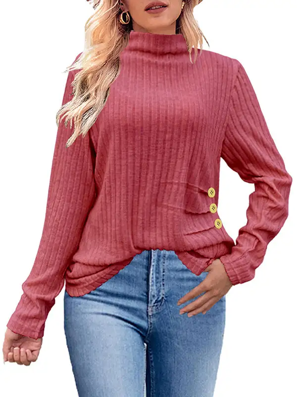 Long Sleeve Relaxed Button Detail Pleat Detail High Neck T-Shirt