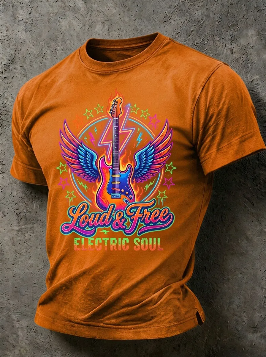 Unisex Rock Music Lover Flaming Guitar Wings Printed T-shirt
