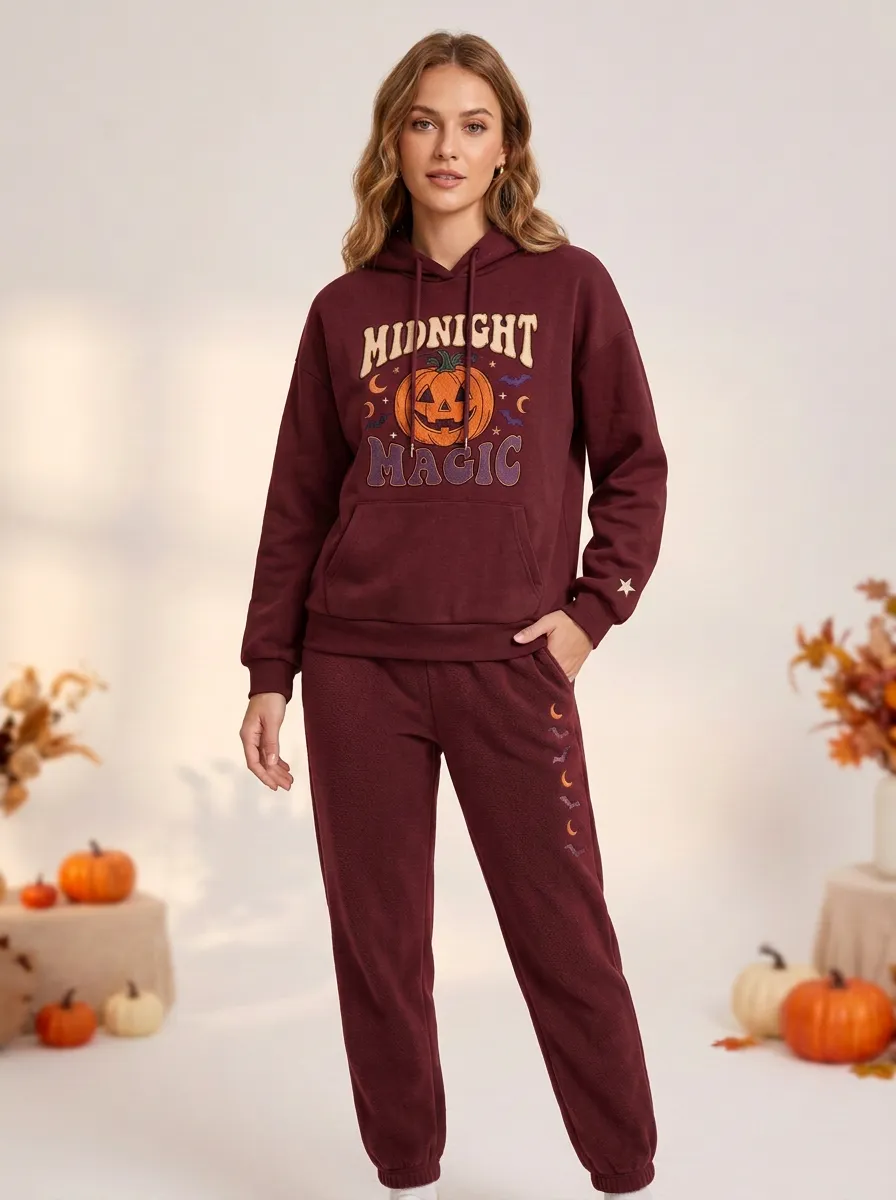 Women's Halloween Charcoal Midnight Magic Pumpkin Moon-Graphic Hoodie Jogger Set