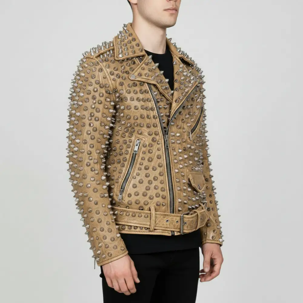 Cowhide Biker Studded Belted Jacket